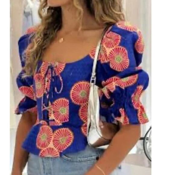 Autumn Adeigbo Mallory Top African Block Print Lace Up Peplum Blue Gold NWT 2 - Picture 1 of 12